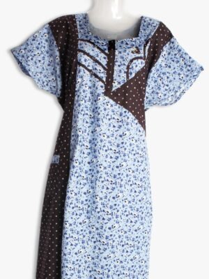 Cotton Zipper Nighty with Side Pocket – Sky Blue & Brown Dotted Print