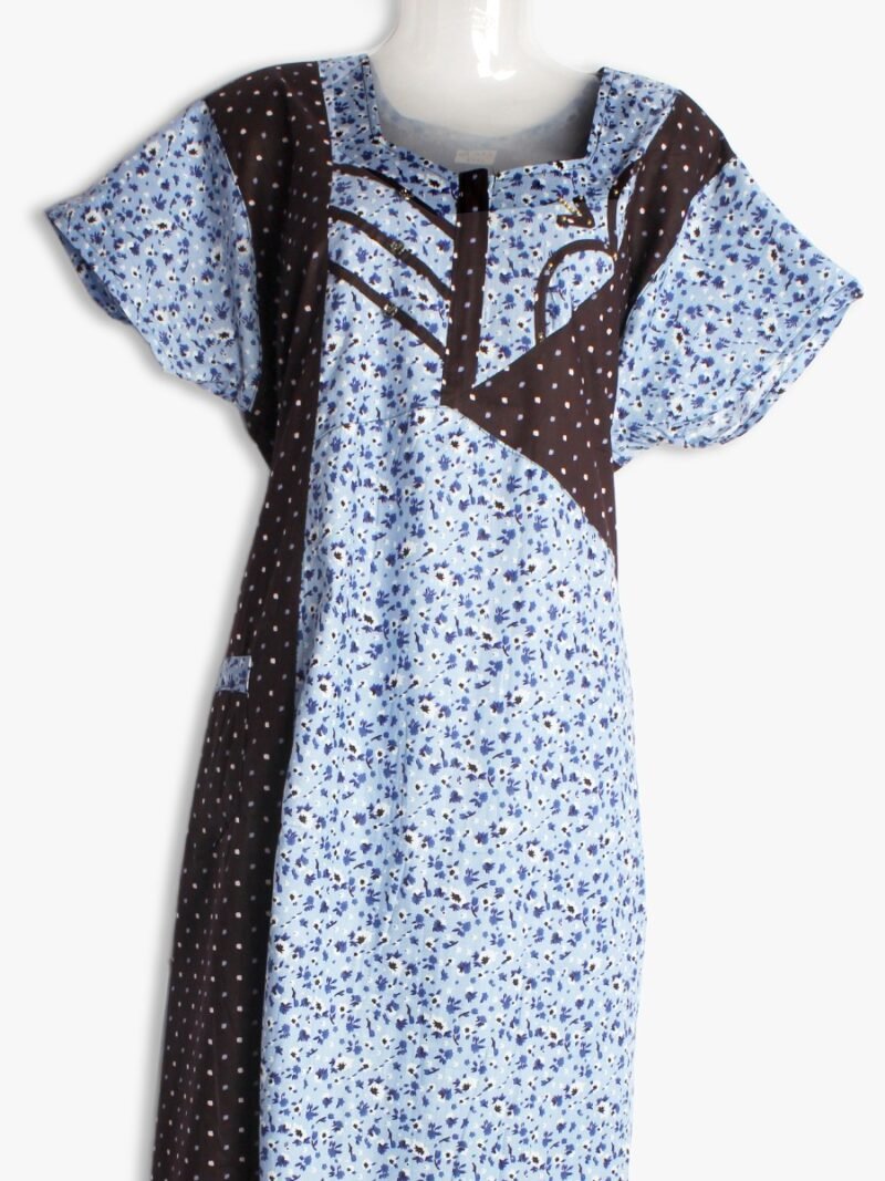 Cotton Zipper Nighty with Side Pocket – Sky Blue & Brown Dotted Print Cotton Zipper Nighty with Side Pocket – Sky Blue & Brown Dotted Print