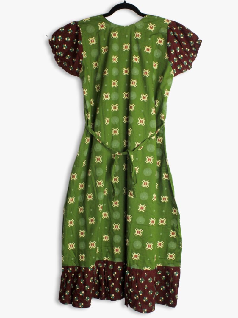 Trendy Frock Nighty – Green with Brown Accent, Dotted Print & Puff Sleeve