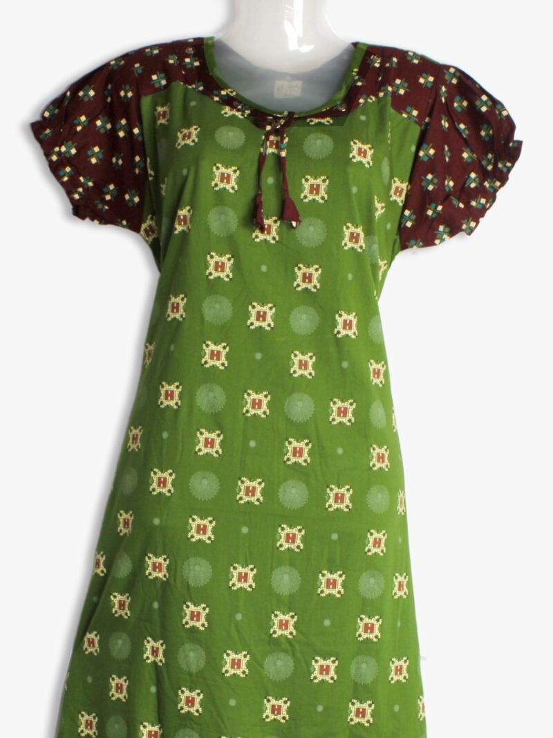 Trendy Frock Nighty – Green with Brown Accent, Dotted Print & Puff Sleeve
