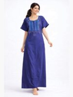 WN-TARA-26-BL-XXL-01-F Women's Cotton Zipper Nighty, Blue, Embroidered