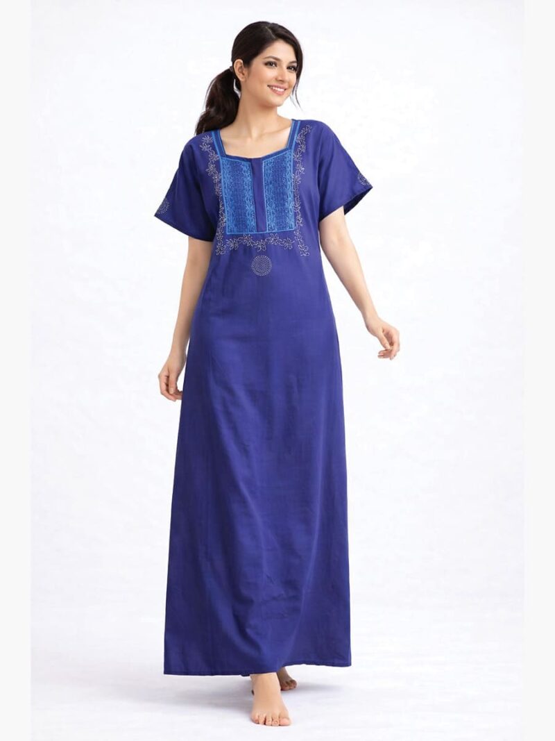WN-TARA-26-BL-XXL-01-F Women's Cotton Zipper Nighty, Blue, Embroidered