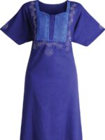 WN-TARA-26-BL-XXL-01-b. Women's Cotton Zipper Nighty, Blue, Embroidered
