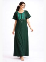 Women's Cotton Zipper Nighty, Embroidered, Green