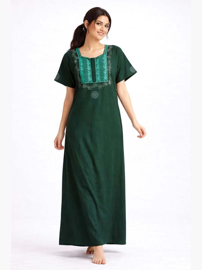 Women's Cotton Zipper Nighty, Embroidered, Green