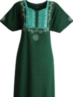 Women's Cotton Zipper Nighty, Embroidered, Green