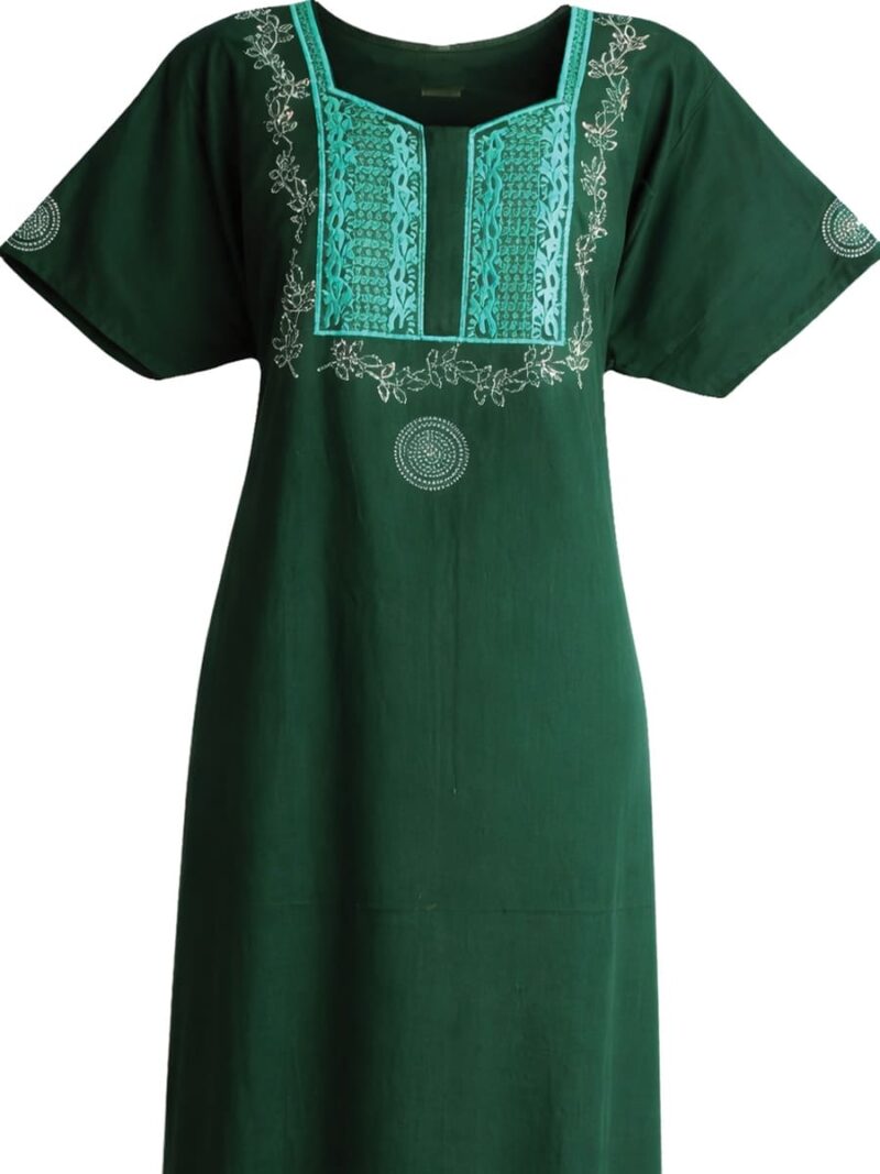 Women's Cotton Zipper Nighty, Embroidered, Green
