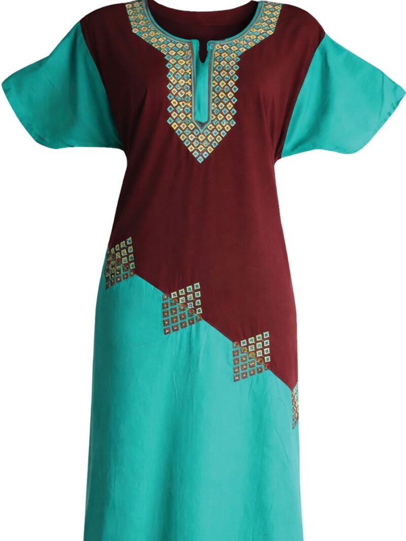 Dual-Tone Cotton Zipper Nighty Gown – Turquoise & Maroon