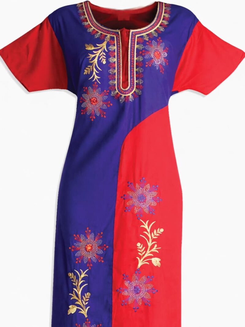 Dual-Tone Embroidered Cotton Zipper Nighty – Red & Navy Blue