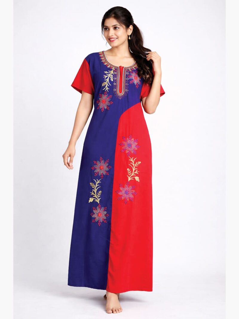 Dual-Tone Embroidered Cotton Zipper Nighty – Red & Navy Blue
