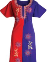 Dual-Tone Embroidered Cotton Zipper Nighty – Red