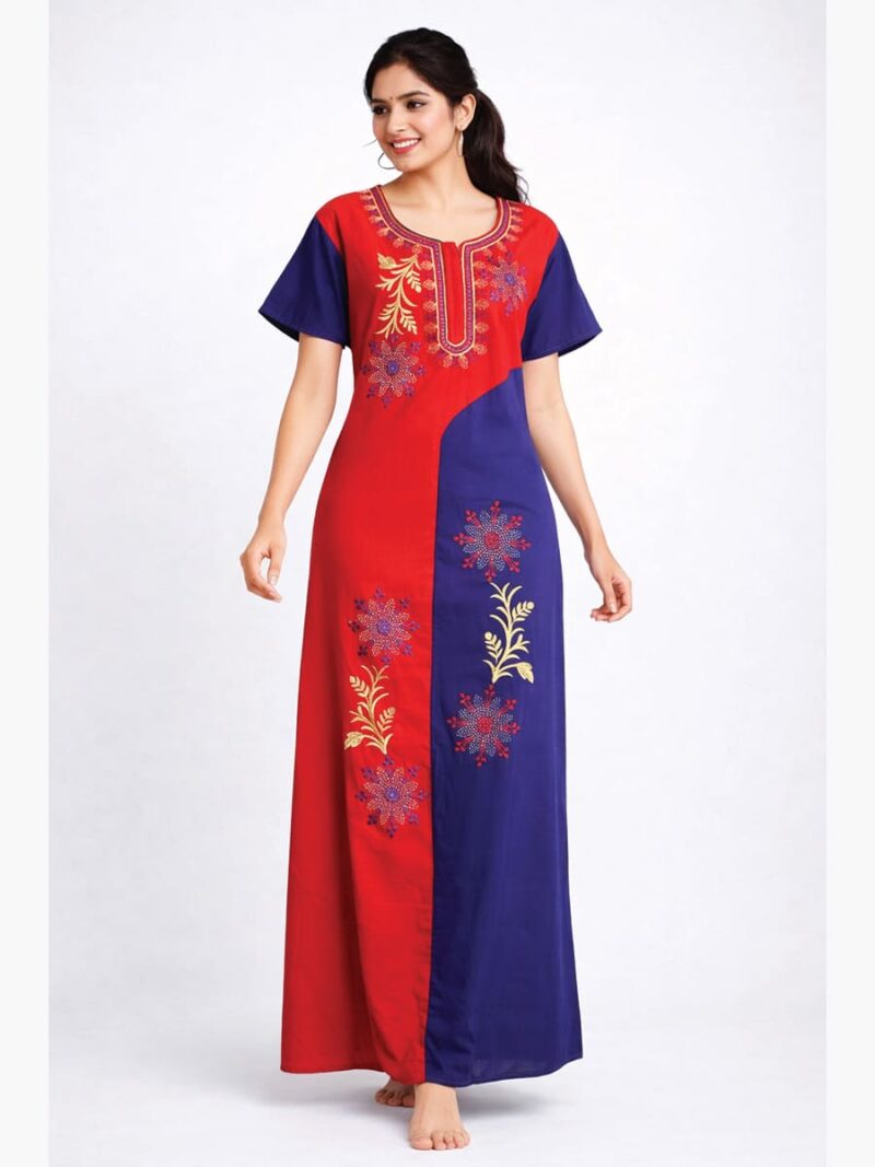 Dual-Tone Embroidered Cotton Zipper Nighty – Red