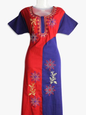 Women's Place Embroidered Cotton Zipper Nighty – Red & Navy Blue