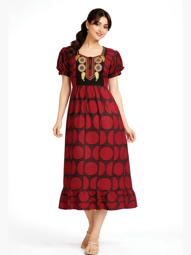WN-TARA-35-MR-XL-01-B Popcorn Frock Nighty, Zipper, Embroidered, Maroon