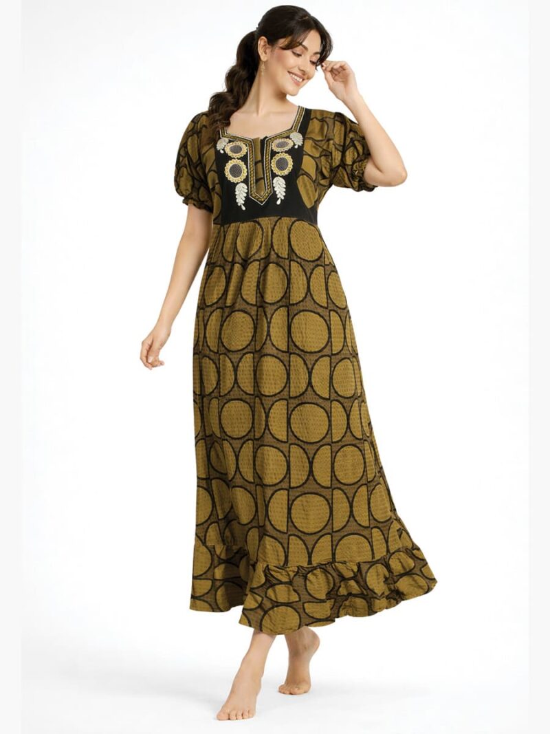 Popcorn Frock Nighty, Zipper, Embroidered, Olive Green