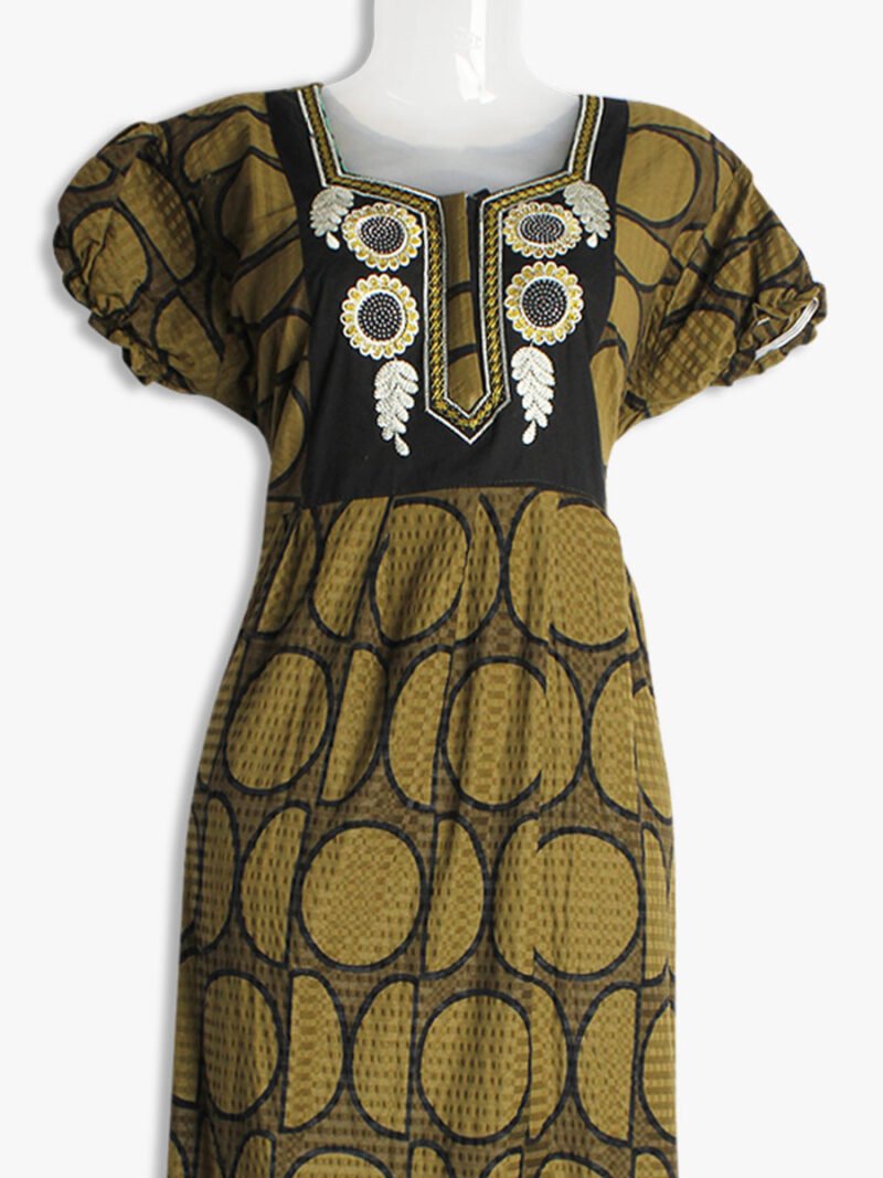 WN-TARA-35-OG-XL-02-F-crop Olive Green Embroidered Frock Nighty – Puff Sleeves, Zipper, Popcorn Fabric