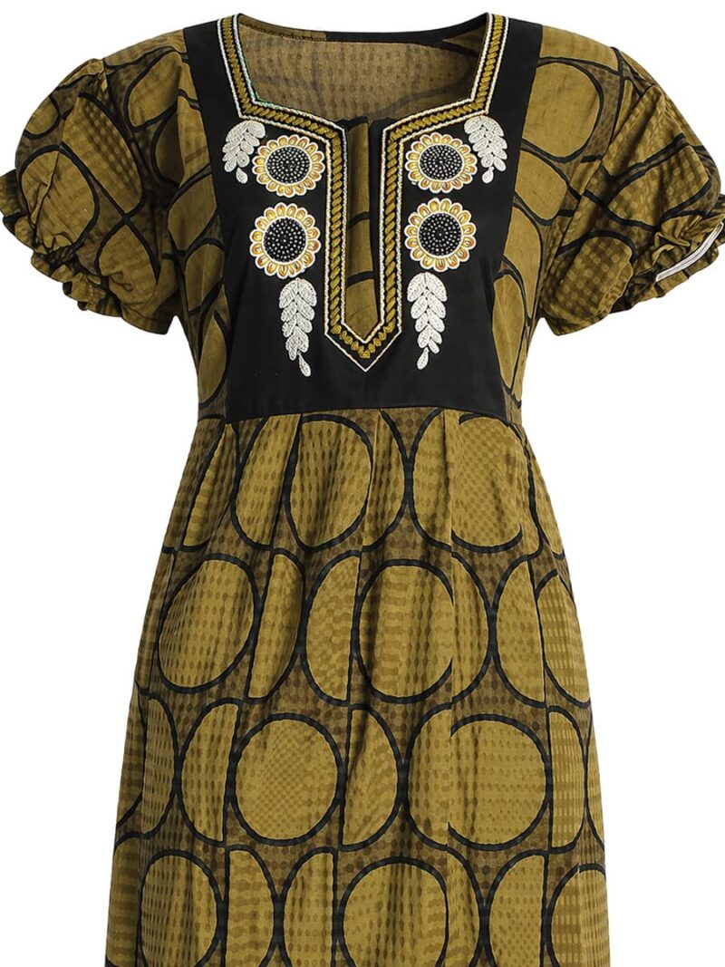 Popcorn Frock Nighty, Zipper, Embroidered, Olive Green