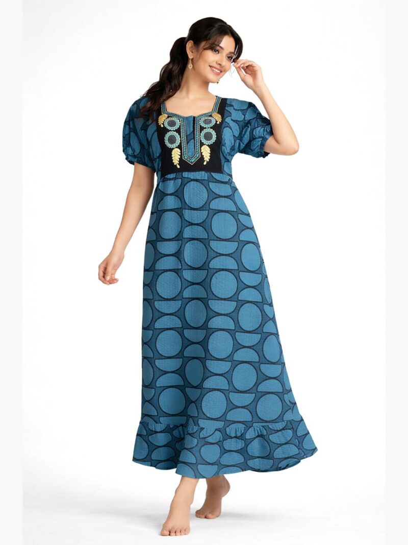 WN-TARA-35-XL-03-F Popcorn Frock Nighty, Zipper, Embroidered, Blue