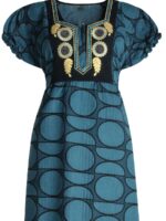 WN-TARA-35-XL-03-b, Popcorn Frock Nighty, Zipper, Embroidered, Blue