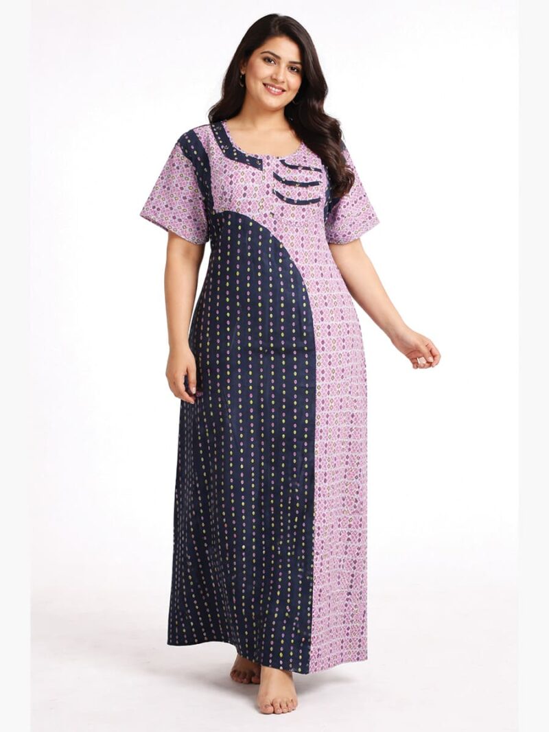 WN-TARA-55-NB-XXXL-f Pure Cotton Zipper Nighty, Dotted print, Navy Blue