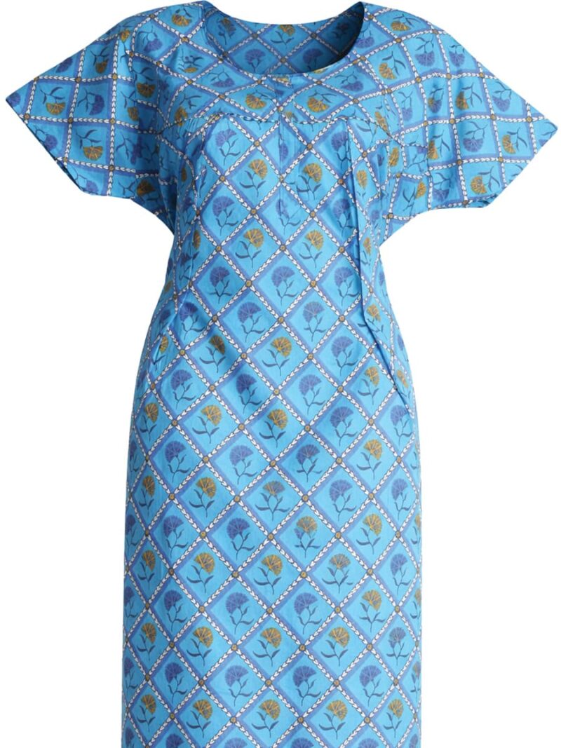 Cotton Feeding Nighty – Sky Blue Floral, Zipper & Side Zip