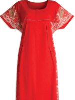 WN-TWIN-ROSES-23-RD-XXL-04-B. Cotton Feeding Nighty – Zipper & Side Zip, Red, Pleated