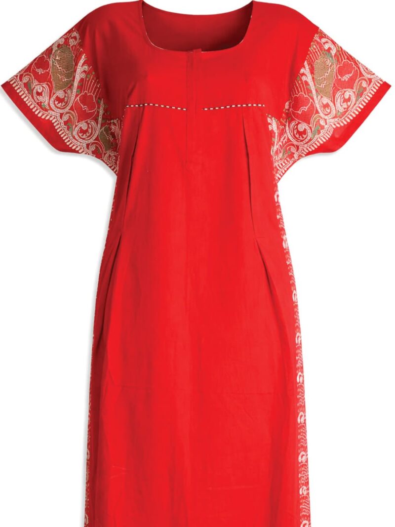 Cotton Feeding Nighty – Zipper & Side Zip, Red, Pleated