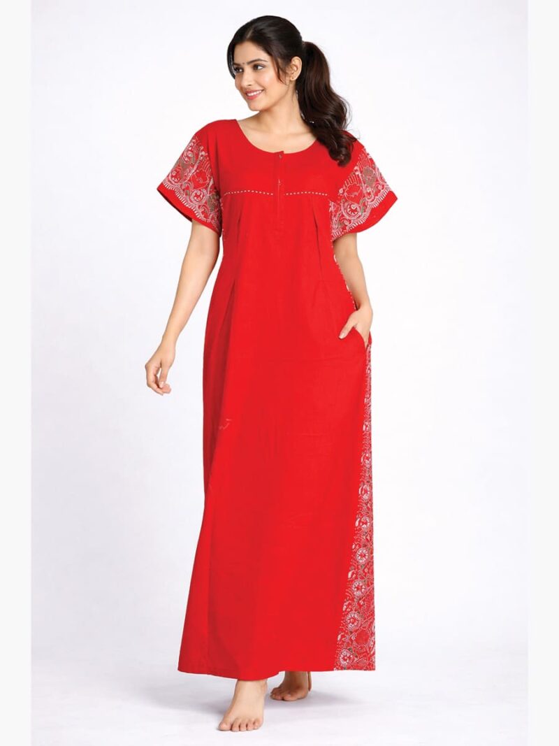 WN-TWIN-ROSES-23-RD-XXL-04-F Cotton Feeding Nighty – Zipper & Side Zip, Red, Pleated