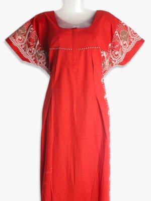 Red Floral Feeding Nighty – Cotton, Zipper, Side Zip, Pleated Design