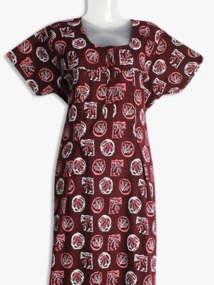 Maroon Cotton Feeding Nighty – Floral Print, Vertical Zip, Scoop Neck