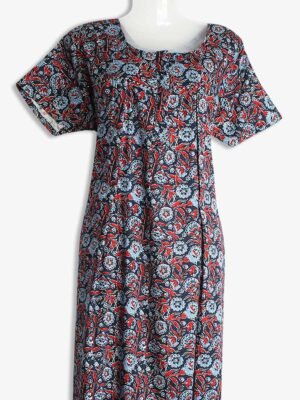 Sky Blue Cotton Feeding Nighty – Floral Print, Vertical Zip, Scoop Neck