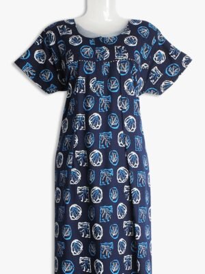 Navy Blue Cotton Feeding Nighty – Floral Print, Vertical Zip, Scoop Neck