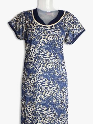 Women's Place Lycra Nighty – Navy Blue Abstract Design, Scoop Neck