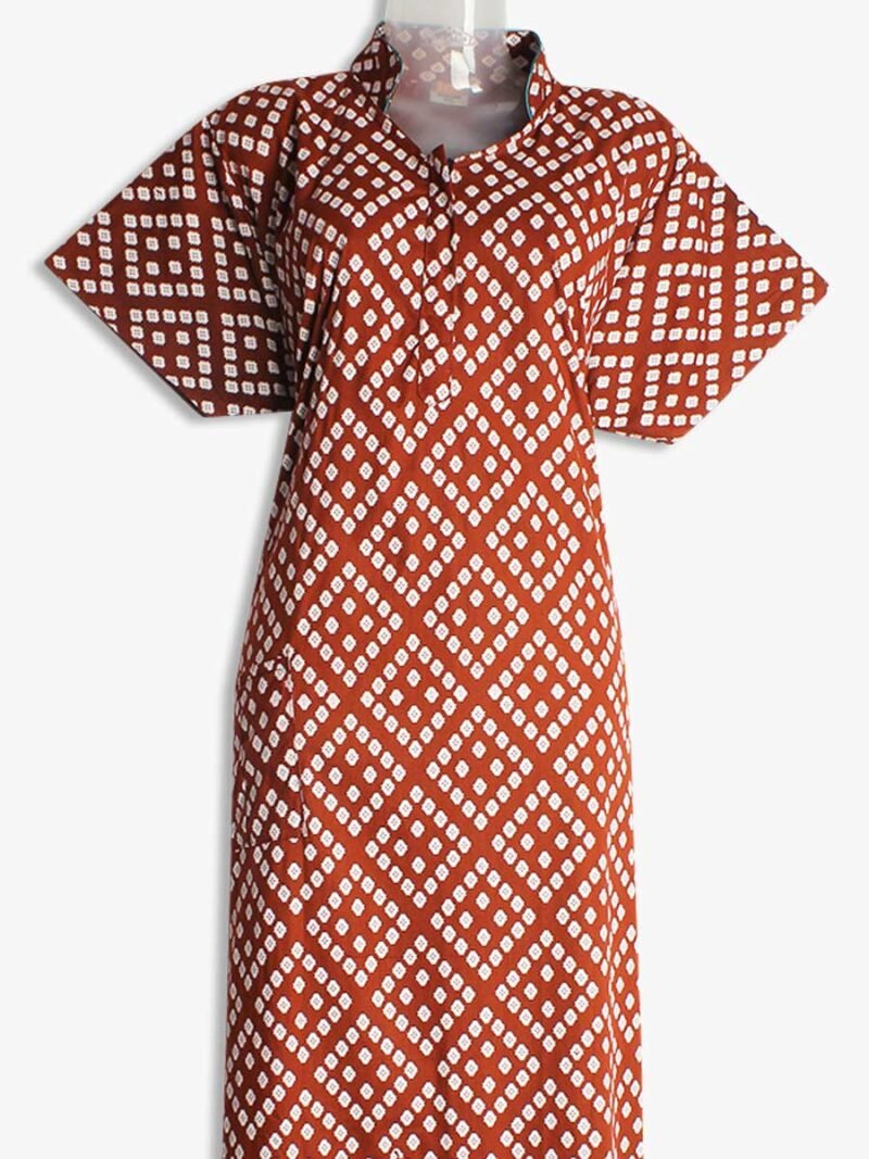 Pure Cotton Nighty – Collar Neck, Zipper, Side Pocket - Women's Place