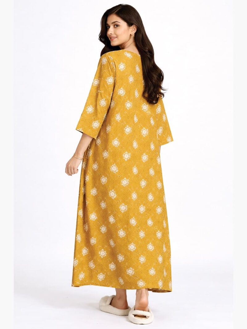 Women Pure Cotton Zipper Nighty with Shawl, Mustard Yellow