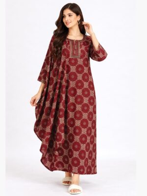 Women Pure Cotton Zipper Nighty with Shawl, Maroon