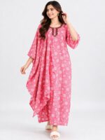 Women Pure Cotton Zipper Nighty with Shawl, Pink