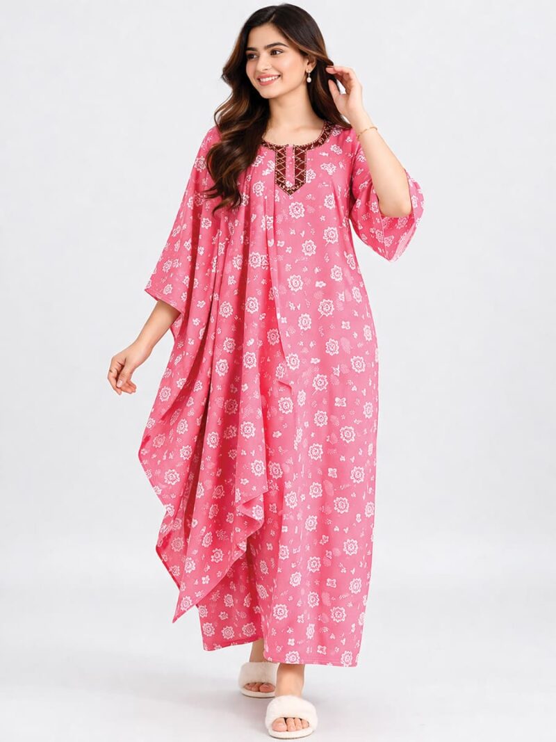 Women Pure Cotton Zipper Nighty with Shawl, Pink