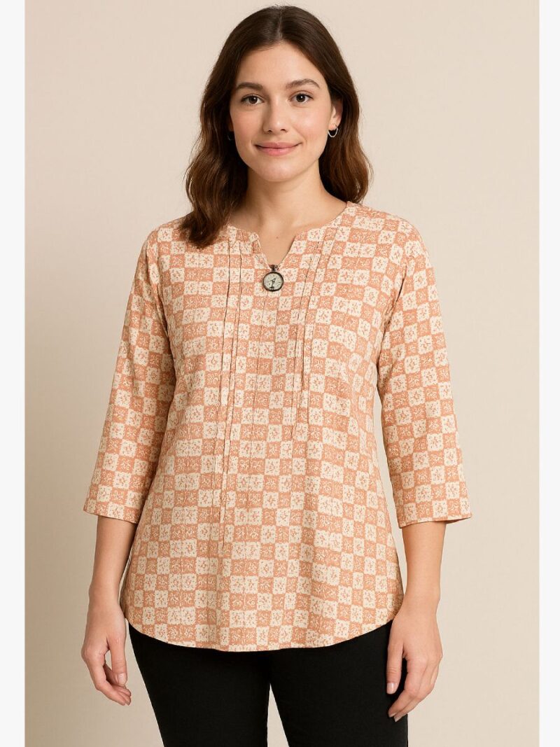 WTS-GK-02-PC-XXL-01-F Women's Peach & Cream Checkered Printed Top - women's place