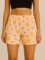 Peach Cotton Printed Bermuda Shorts for Women