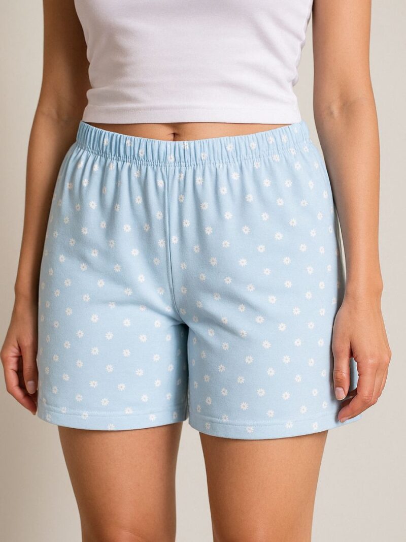 Sky Blue Dotted Cotton Bermuda Shorts for Women