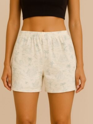 White Printed Cotton Bermuda Shorts for Women