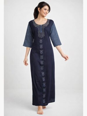 Women Cotton Nighty, Stone Work, Zipper, Navy Blue