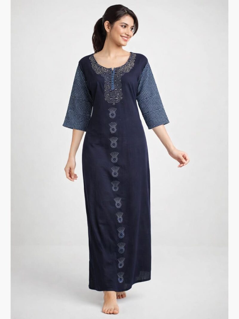 Women Cotton Nighty, Stone Work, Zipper, Navy Blue