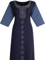 Women Cotton Nighty, Stone Work, Zipper, Navy Blue