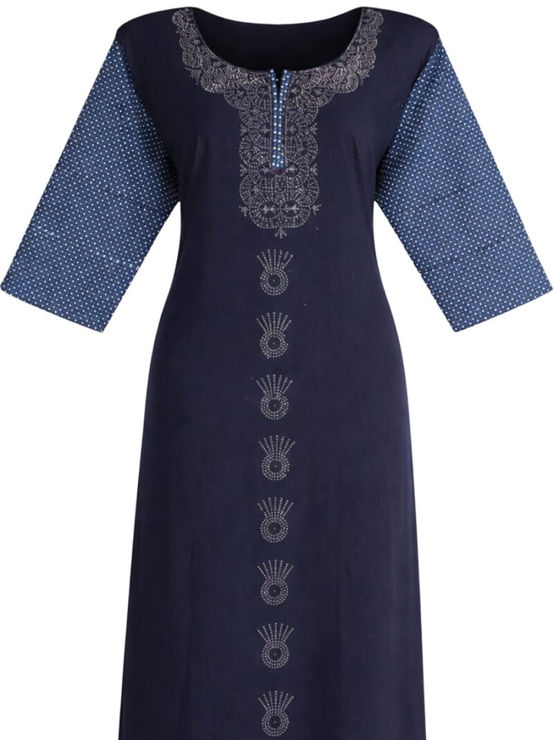 Women Cotton Nighty, Stone Work, Zipper, Navy Blue