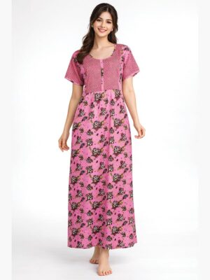 Women's Cotton Feeding Frock Nighty, Side Zip, Pink