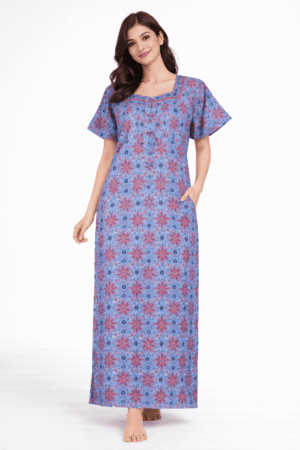 Women's Cotton Zipper Nighty, Royal Blue