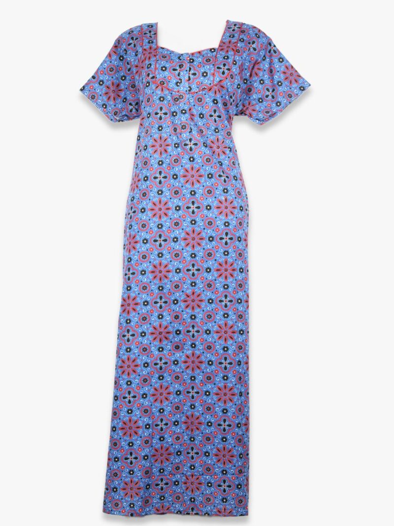Women’s Cotton Zipper Nighty, Piping, Royal Blue
