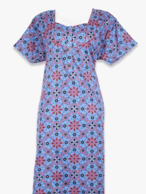 Women’s Cotton Zipper Nighty, Piping, Royal Blue